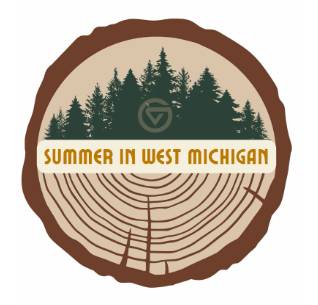 Icon of the inside of a tree stump with the outline of a forest. GVSU Logo and the words Summer in Wester Michigan centered in the tree stump.